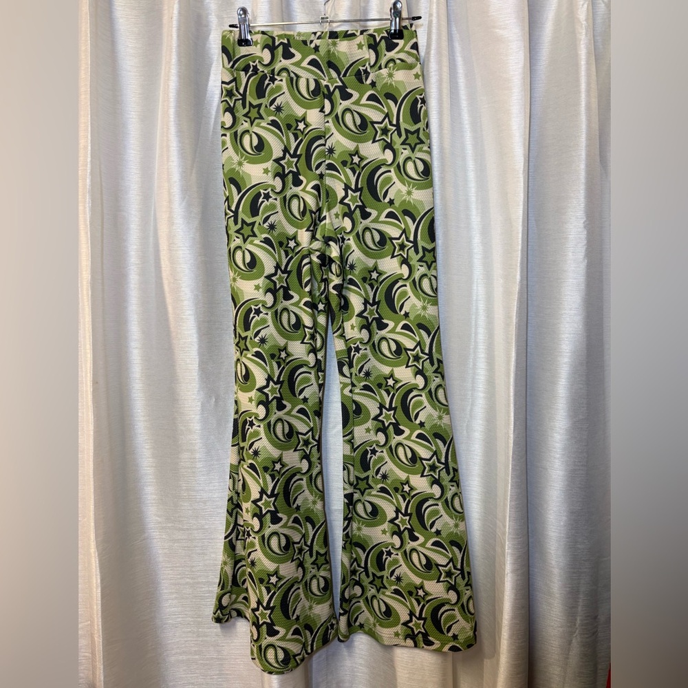 Dolls Kill BADEE Milky Way Groovy Swirl Flare Pants Cropped M Green Black Y2K - Picture 6 of 10
